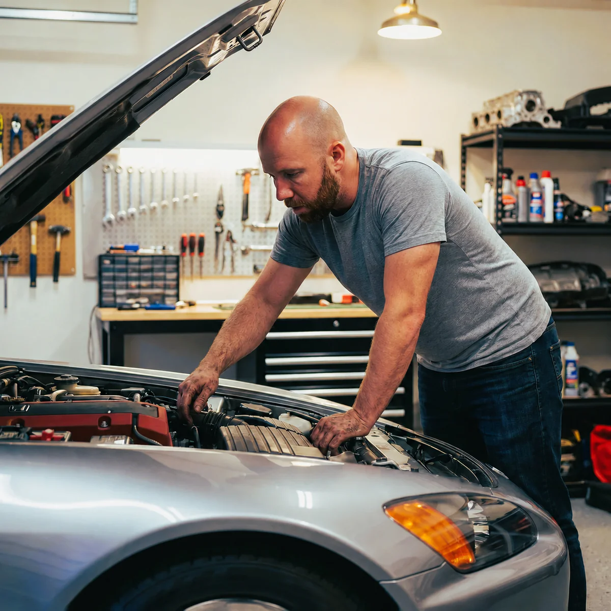 The founder working under the hood in his garage